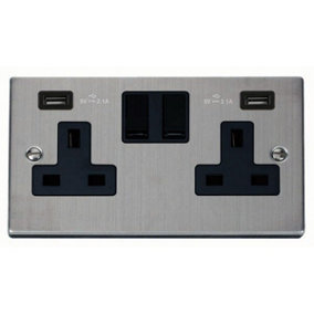 Stainless Steel 2 Gang 13A 2 USB Twin Double Switched Plug Socket - Black Trim - SE Home