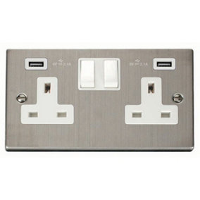 Stainless Steel 2 Gang 13A 2 USB Twin Double Switched Plug Socket - White Trim - SE Home