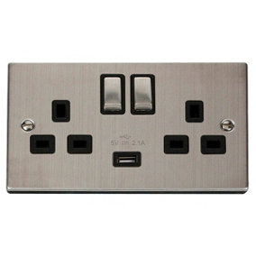 Stainless Steel 2 Gang 13A DP Ingot 1 USB Twin Double Switched Plug Socket - Black Trim - SE Home