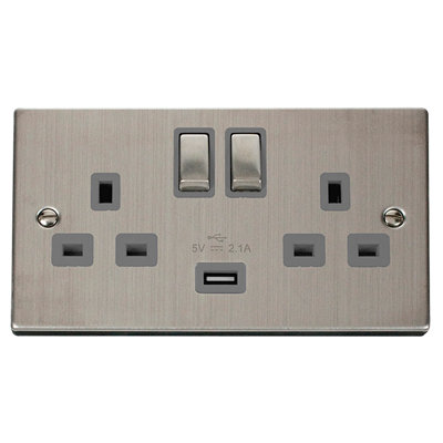 Stainless Steel 2 Gang 13A DP Ingot 1 USB Twin Double Switched Plug Socket - Grey Trim - SE Home Price Comparisons | Compare The Build