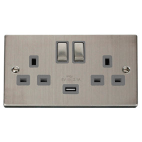 Stainless Steel 2 Gang 13A DP Ingot 1 USB Twin Double Switched Plug Socket - Grey Trim - SE Home