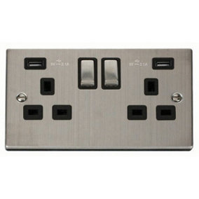 Stainless Steel 2 Gang 13A DP Ingot 2 USB Twin Double Switched Plug Socket - Black Trim - SE Home