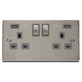 Stainless Steel 2 Gang 13A DP Ingot 2 USB Twin Double Switched Plug Socket - Grey Trim - SE Home