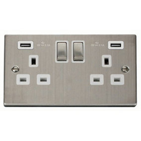 Stainless Steel 2 Gang 13A DP Ingot 2 USB Twin Double Switched Plug Socket - White Trim - SE Home