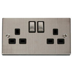 Stainless Steel 2 Gang 13A DP Ingot Twin Double Switched Plug Socket - Black Trim - SE Home