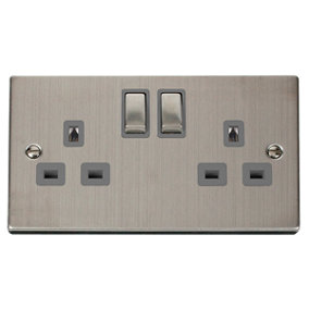 Stainless Steel 2 Gang 13A DP Ingot Twin Double Switched Plug Socket - Grey Trim - SE Home