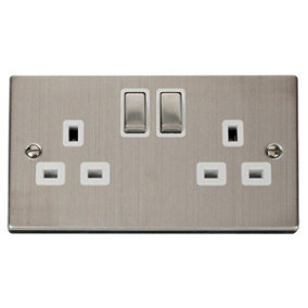 Stainless Steel 2 Gang 13A DP Ingot Twin Double Switched Plug Socket - White Trim - SE Home