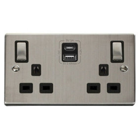 Stainless Steel 2 Gang 13A DP Ingot Type A & C USB Twin Double Switched Plug Socket - Black Trim - SE Home
