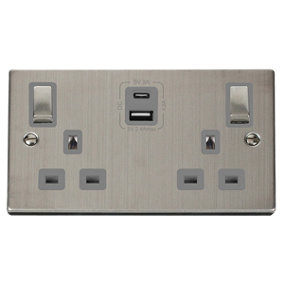 Stainless Steel 2 Gang 13A DP Ingot Type A & C USB Twin Double Switched Plug Socket - Grey Trim - SE Home