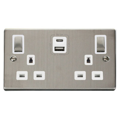 Stainless Steel 2 Gang 13A DP Ingot Type A & C USB Twin Double Switched ...