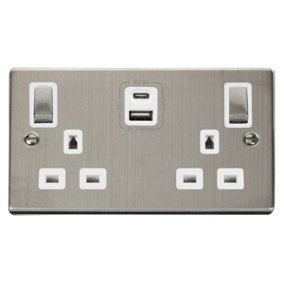 Stainless Steel 2 Gang 13A DP Ingot Type A & C USB Twin Double Switched Plug Socket - White Trim - SE Home