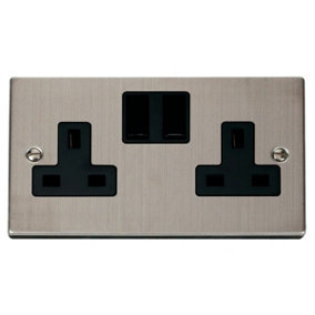 Stainless Steel 2 Gang 13A Twin Double Switched Plug Socket - Black Trim - SE Home
