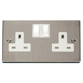 Stainless Steel 2 Gang 13A Twin Double Switched Plug Socket - White Trim - SE Home