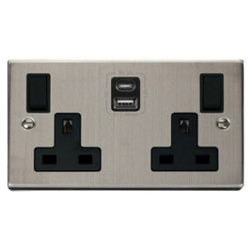 Stainless Steel 2 Gang 13A Type A & C USB Twin Double Switched Plug Socket - Black Trim - SE Home
