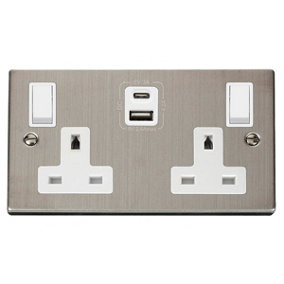 Stainless Steel 2 Gang 13A Type A & C USB Twin Double Switched Plug Socket - White Trim - SE Home