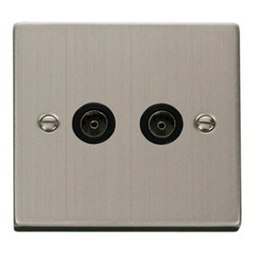 Stainless Steel 2 Gang Twin Coaxial TV Socket - Black Trim - SE Home