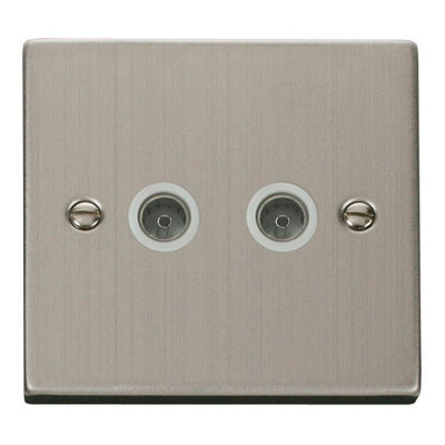 Stainless Steel 2 Gang Twin Coaxial TV Socket - White Trim - SE Home