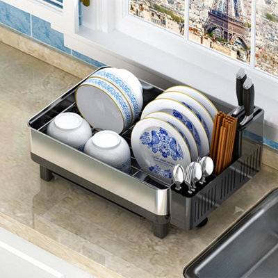 Stainless Steel Black Dish Drainer Rack with Drip Tray and Cutlery Holder