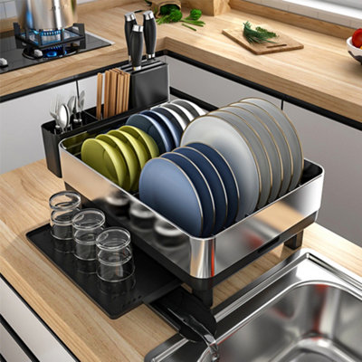 Stainless Steel Black Dish Drainer Rack with Drip Tray and Cutlery Holder