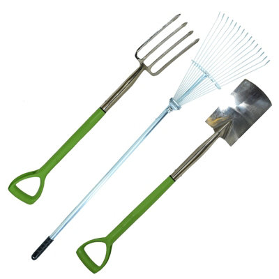 Stainless Steel Border Fork, Expanding Lawn Rake and Stainless Steel Border Spade