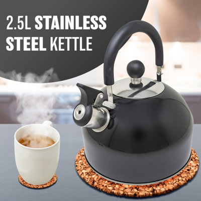 Stainless Steel Camping Kettle 2.5L Whistling Kettle for Gas Hob Stove Top Kettle Metallic Black