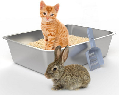 Stainless Steel Cat Litter Tray Box Large High Sided for Cats Rabbits Non Stick Surface Anti-slip Rubber Bottom