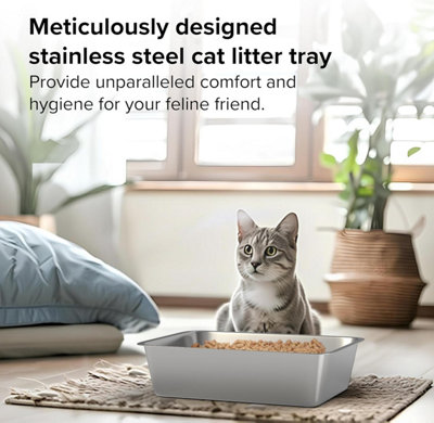 Stainless Steel Cat Litter Tray Box Large High Sided for Cats Rabbits Non Stick Surface Anti-slip Rubber Bottom - 3