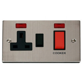 Stainless Steel Cooker Control 45A With 13A Switched Plug Socket & 2 Neons - Black Trim - SE Home