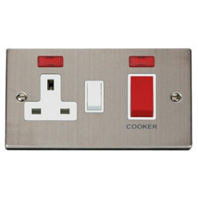 Stainless Steel Cooker Control 45A With 13A Switched Plug Socket & 2 Neons - White Trim - SE Home