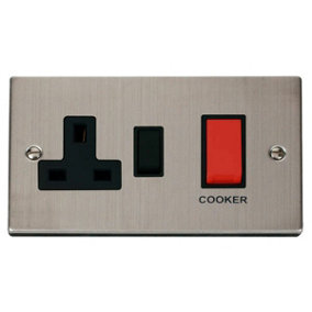 Stainless Steel Cooker Control 45A With 13A Switched Plug Socket - Black Trim - SE Home