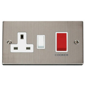 Stainless Steel Cooker Control 45A With 13A Switched Plug Socket - White Trim - SE Home