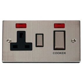 Stainless Steel Cooker Control Ingot 45A With 13A Switched Plug Socket & 2 Neons - Black Trim - SE Home