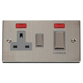 Stainless Steel Cooker Control Ingot 45A With 13A Switched Plug Socket & 2 Neons - Grey Trim - SE Home
