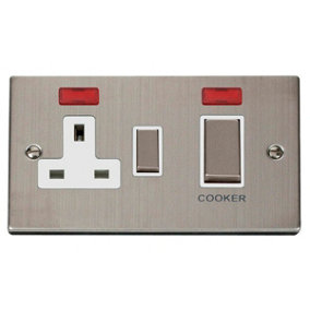 Stainless Steel Cooker Control Ingot 45A With 13A Switched Plug Socket & 2 Neons - White Trim - SE Home