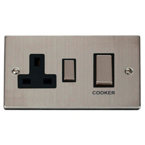 Stainless Steel Cooker Control Ingot 45A With 13A Switched Plug Socket - Black Trim - SE Home