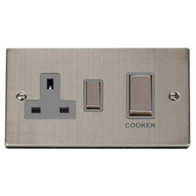 Stainless Steel Cooker Control Ingot 45A With 13A Switched Plug Socket - Grey Trim - SE Home