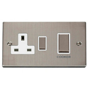 Stainless Steel Cooker Control Ingot 45A With 13A Switched Plug Socket - White Trim - SE Home
