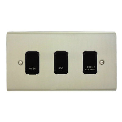 Stainless Steel Customised Kitchen Grid Switch Panel with Black Switches - 3 Gang