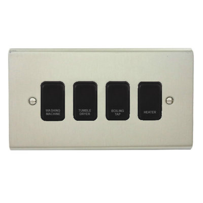 Stainless Steel Customised Kitchen Grid Switch Panel with Black Switches - 4 Gang