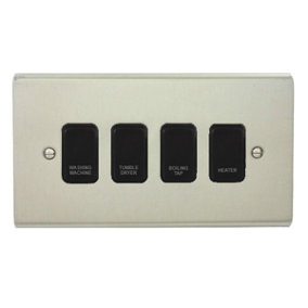 Stainless Steel Customised Kitchen Grid Switch Panel with Black Switches - 4 Gang