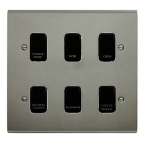 Stainless Steel Customised Kitchen Grid Switch Panel with Black Switches - 6 Gang