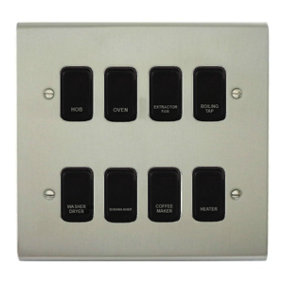 Stainless Steel Customised Kitchen Grid Switch Panel with Black Switches - 8 Gang