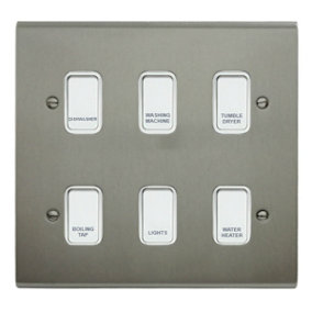 Stainless Steel Customised Kitchen Grid Switch Panel with White Switches - 6 Gang