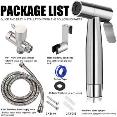 Premium Stainless Steel Hand Held Bidet Sprayer Kit - Toilet Attachment With T-Valve, Hose & Holder - Diaper Sprayer & Cleaning