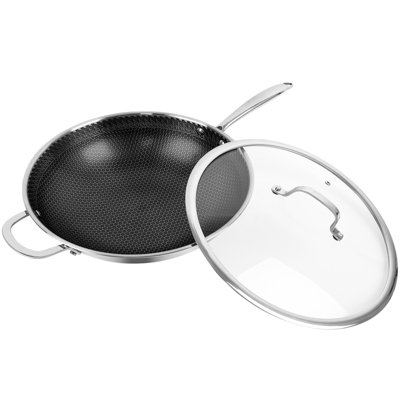 Stainless Steel Induction Wok 30cm Honeycomb Stir Fry Non Stick Frying Pan With Lid