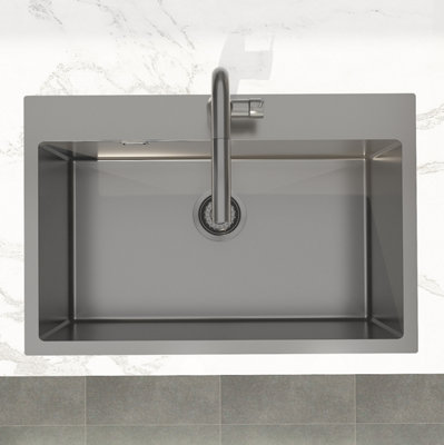 Stainless Steel Inset Single Bowl Kitchen Sink - Gun Metal - 68 x 45 x 21cm