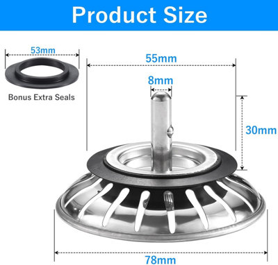 Stainless Steel Kitchen Sink Bowl Strainer Plug, 78mm Kitchen Sink Plug ...