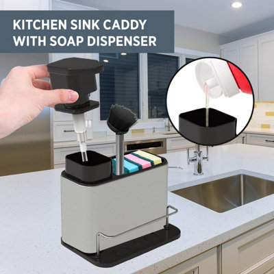 Stainless Steel Kitchen Sink Organiser Soap Dispenser Pump Sponge Brush Holder
