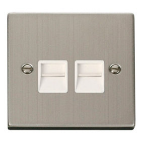 Stainless Steel Master Telephone Twin Socket - White Trim - SE Home