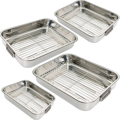 Stainless Steel Roasting Trays 32 X 24cm Oven Pan Dish Baking Roaster Tray Grill Rack New
